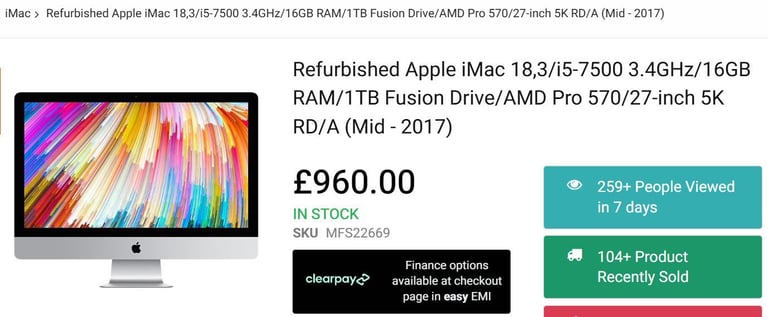 iMac 18,3/27in 5K Retina/40GB Ram+512GB SSD/GPU Pro570 4GB/CPU i5 3.4G Quad-Core