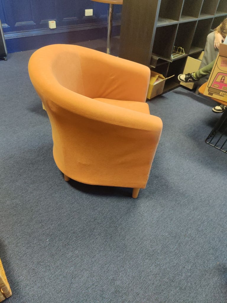 2 bucket chairs, orange and silver 