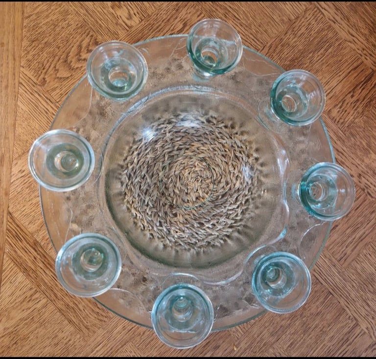 image for Green Glass Centerpiece Bowl 8 Candle Inserts Vidrios San Miguel Art Glass