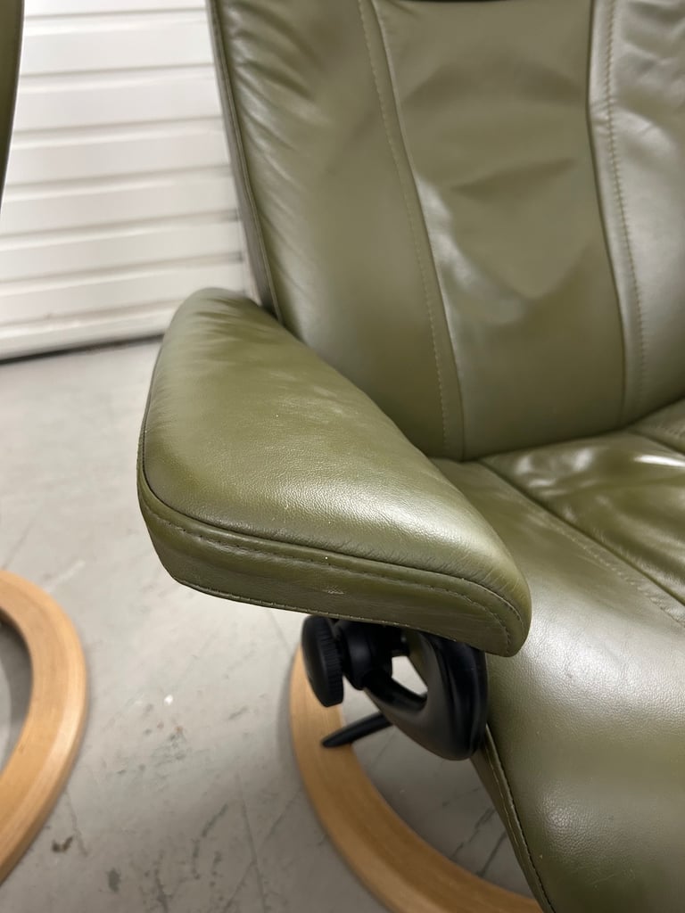 Ekornes Stressless Medium Signature Wing Dark Olive Leather Chairs & Footstool