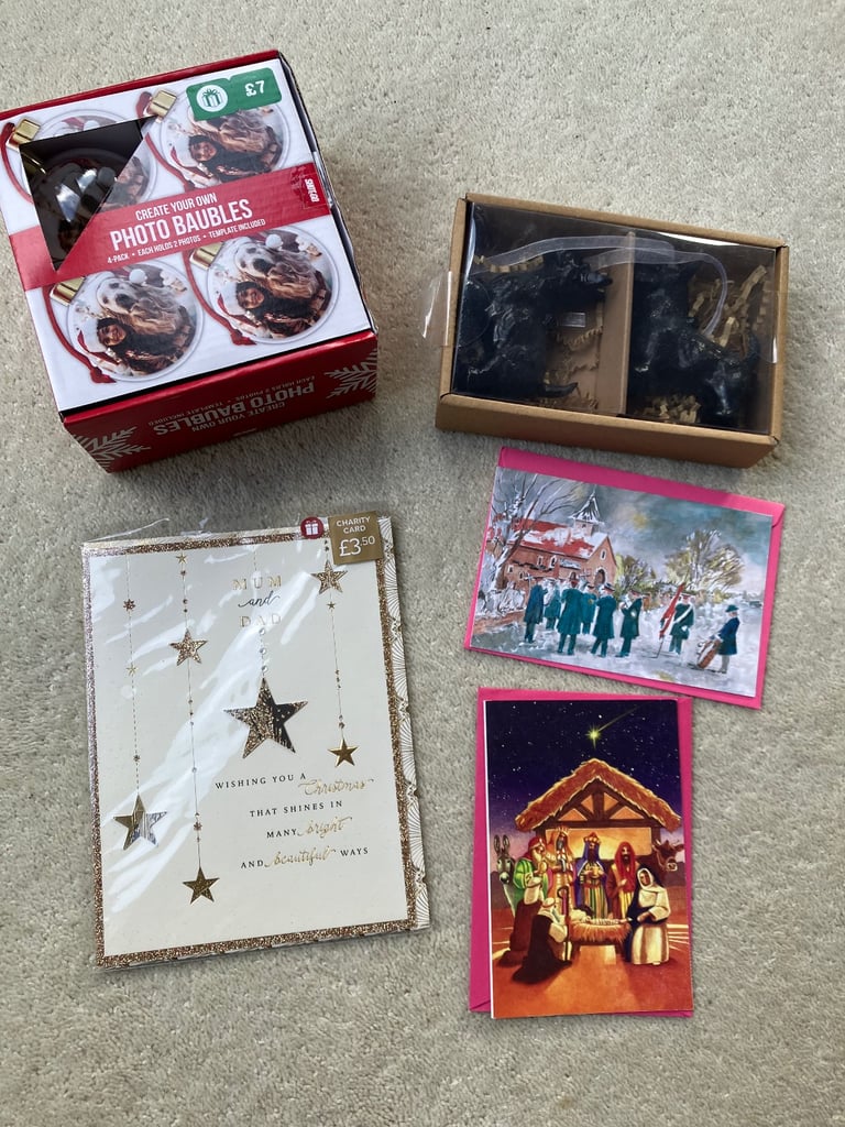 image for Christmas: 4 photo baubles/2 Scottie Dog hanging ornaments/3 Xmas cards