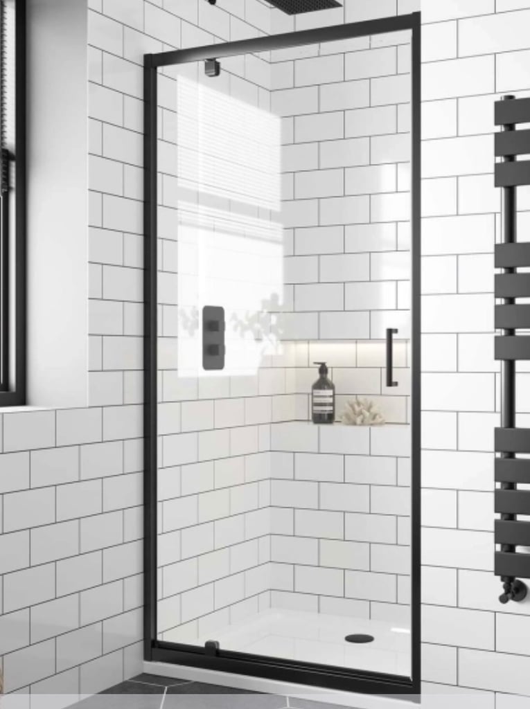 900mm black shower tray and pivot door