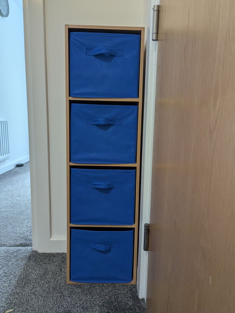 Slim 4-Tier Storage Shelf with Blue Fabric Bins