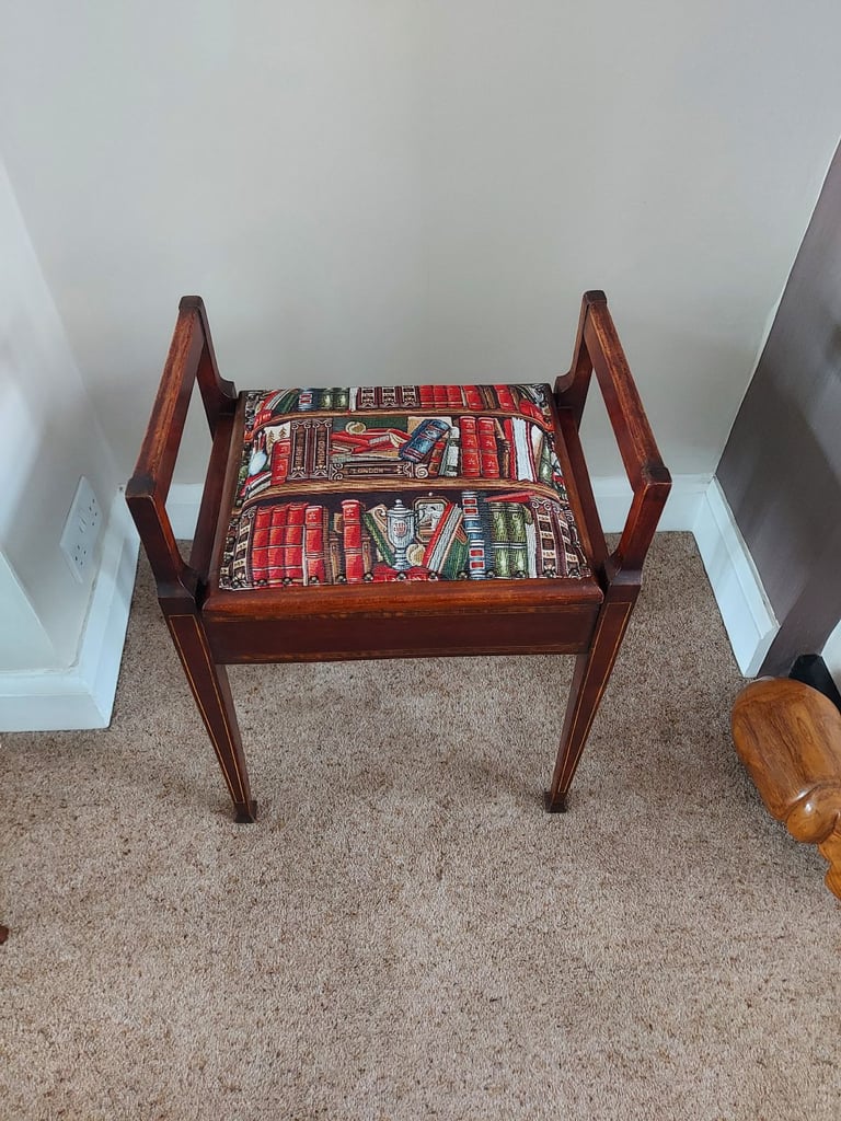Antique Edwardian inlaid mahogany lift-top piano stool