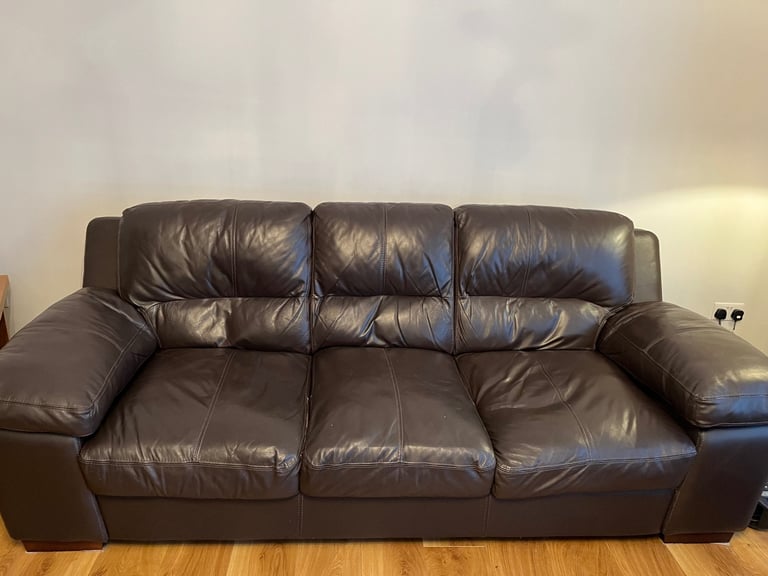image for Brown leather 3 seater, 2 seater and footsto