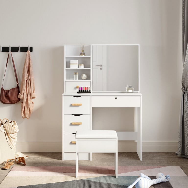 New White 5 Drawers Makeup Desk + Sliding Mirror and Stool RRP £220 Our Price £145