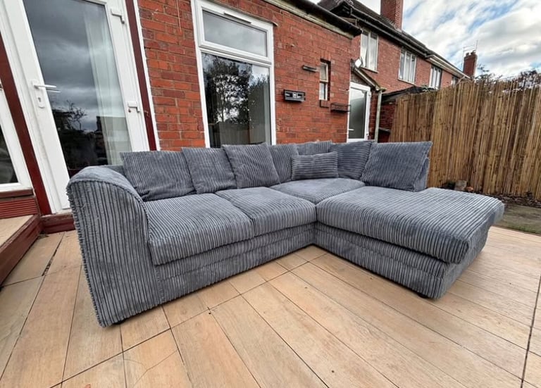 Large Grey Corner Sofa – Comfy L-Shaped Cord Couch with Chaise – Delivery Available