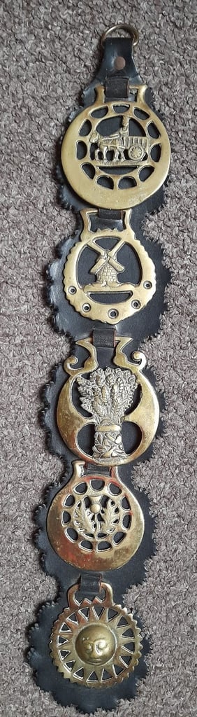 5 Vintage & Antique Brass Horse medallions on leather strap - bridle decoration