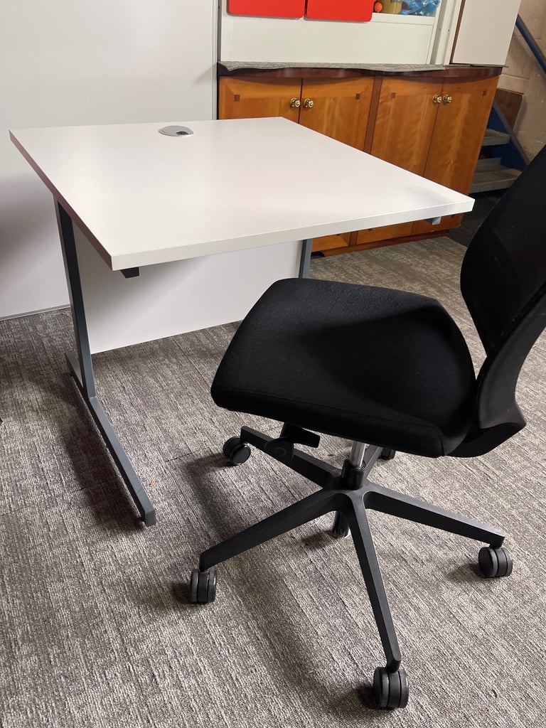 FREE DELIVERY Senator Rectangular Desk, White Top, Grey Frame, Porthole, and black chairs 