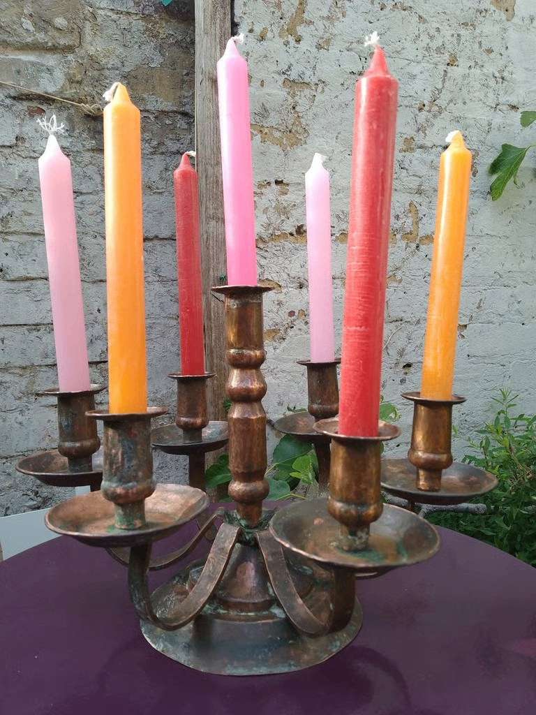 image for Antique COPPER Candlestick Candelabra 7 Branch Primitive Arts & Crafts Hand forged