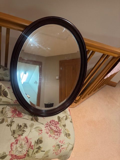 An Attractive & Good Quality 1970s-80s Oval Wooden Wall Mirror - Bevelled Glass