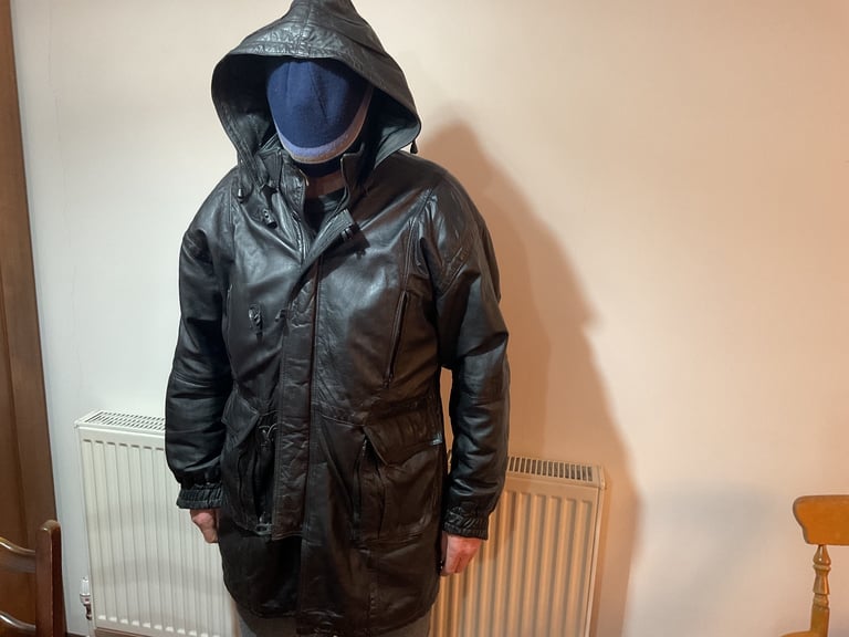 image for Mans Full length genuine leather coat with detachable hood “Located in Kesgrave “