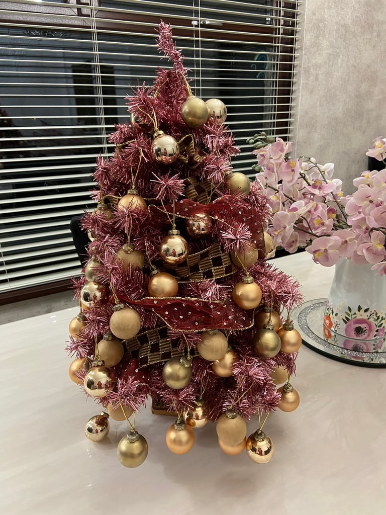 Pink Christmas Tree Decorated With Ribbon & 80 Gold Baubles 