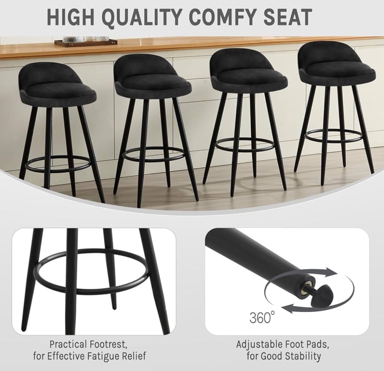 Bar Stools, Set of 2, Velvet, Black (Brand New)