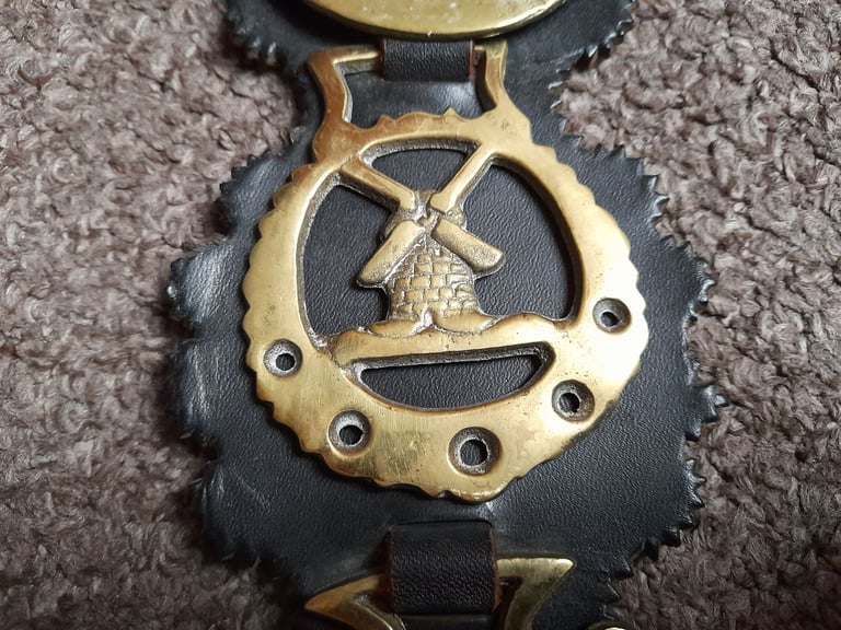 5 Vintage & Antique Brass Horse medallions on leather strap - bridle decoration