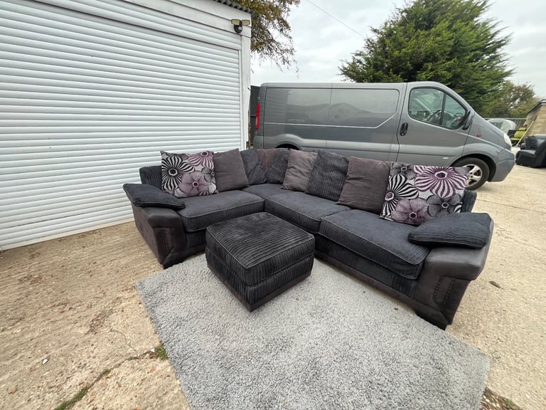 DELIVERY AVAILABLE - Large Black Cord Corner Sofa with Footstool 