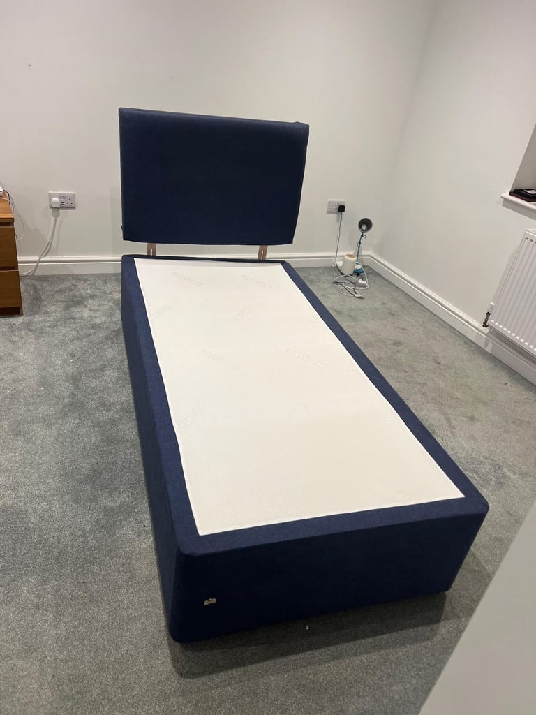 image for Blue Upholstered Single Bed with Mattress and Headboard