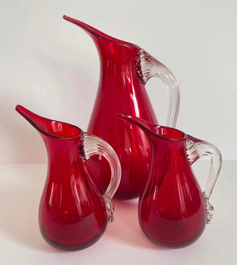 image for 3 x Vintage Whitefriars ? Ruby Red Sparrow Beak Jugs