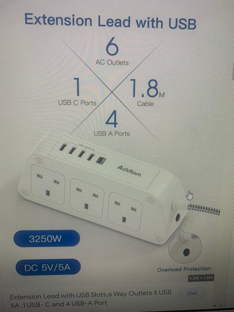 Extension Lead with USB Slots，6 Way Outlets, 5 USB A, 1 usb C used