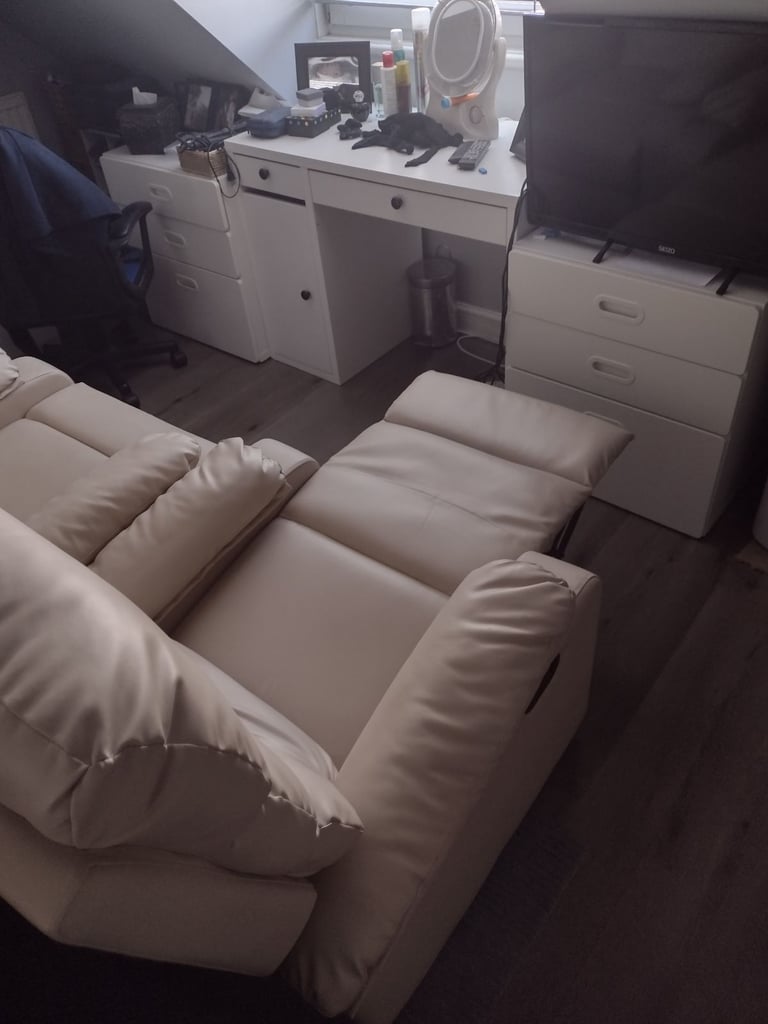 image for Two beige bonded leather reclining chairs, great condition