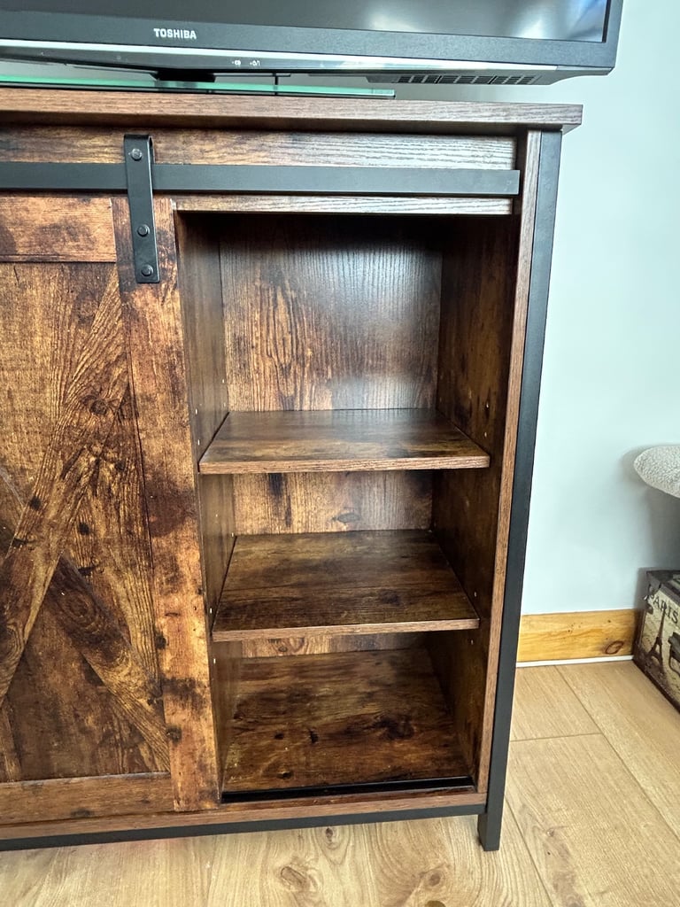 Bookcase / Tv stand with sliding barn door - excellent condition