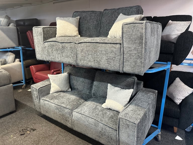 NEW EX DISPLAY SOFOLOGY TRINNY GREY FABRIC 3 + 2 SEATER SOFAS UPTO 65% OFF RRP