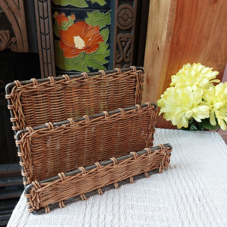 image for Vintage 60's Wicker On Metal Frame Letter Rack 