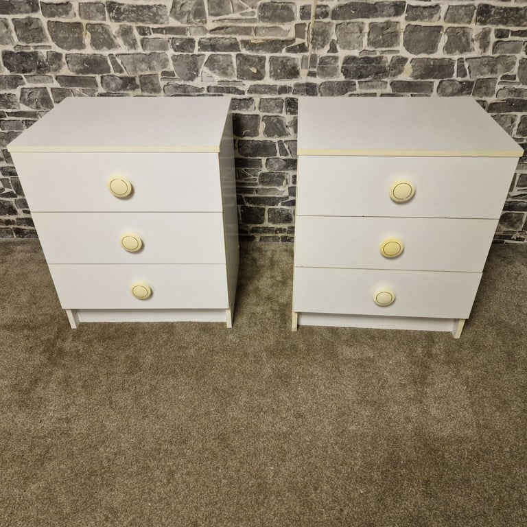 Pair of Vintage White 3-Drawer Bedside Chests
