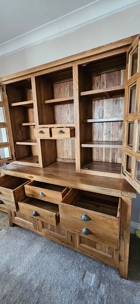 Oak dining table with six chairs and oak dresser