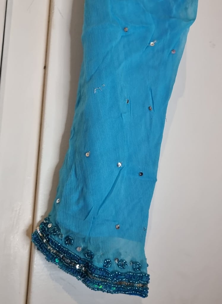New.Light blue churidar kameez, jacket, scarf sequin embroidered wedding party asia. Asian dress