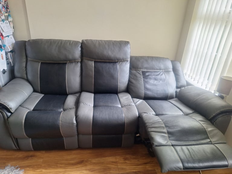 Grey and Black Leather 3 seater 2 length recliner sofa