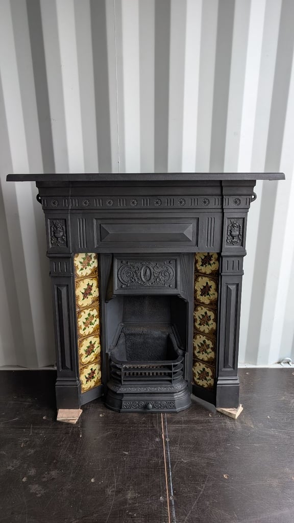 Original Victorian Large Cast Iron Tiled Fireplace Complete Ready to Fit