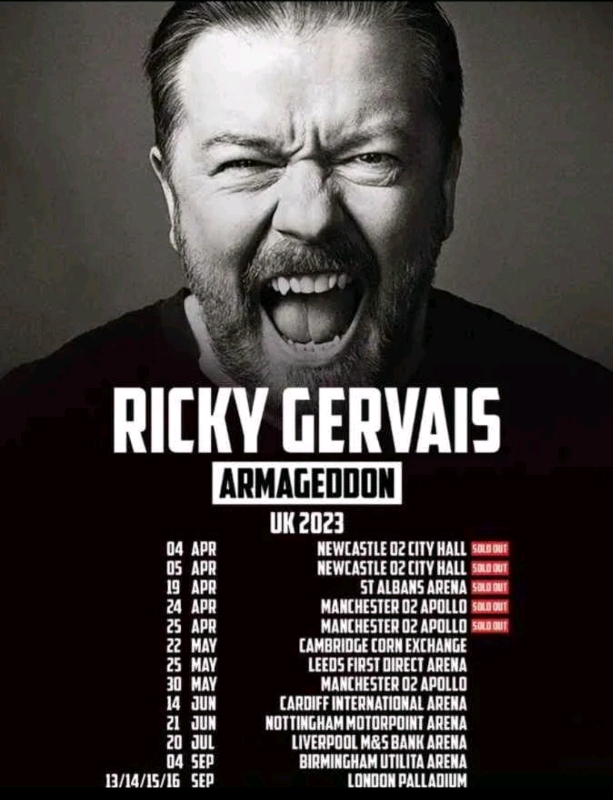 1x RICKY GERVAIS LEEDS 25TH MAY