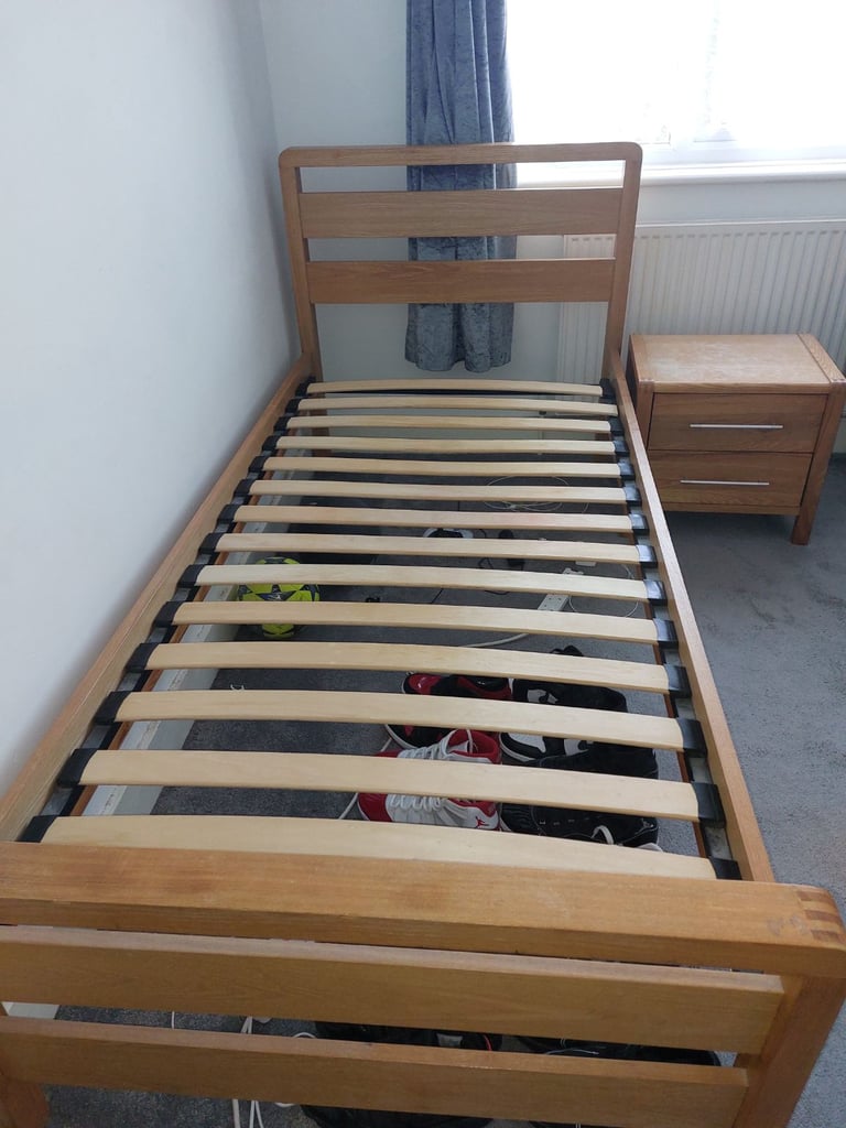 Real pine wood single bed with bedside and mattress 