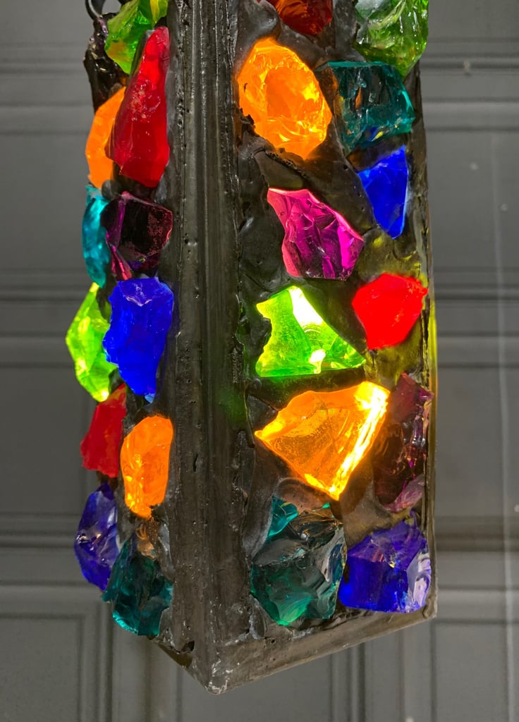 SOLD Pair of Vintage Mid Century Peter Marsh Leaded Rock Glass & Wrought Iron Lantern Lamps 50s 70s