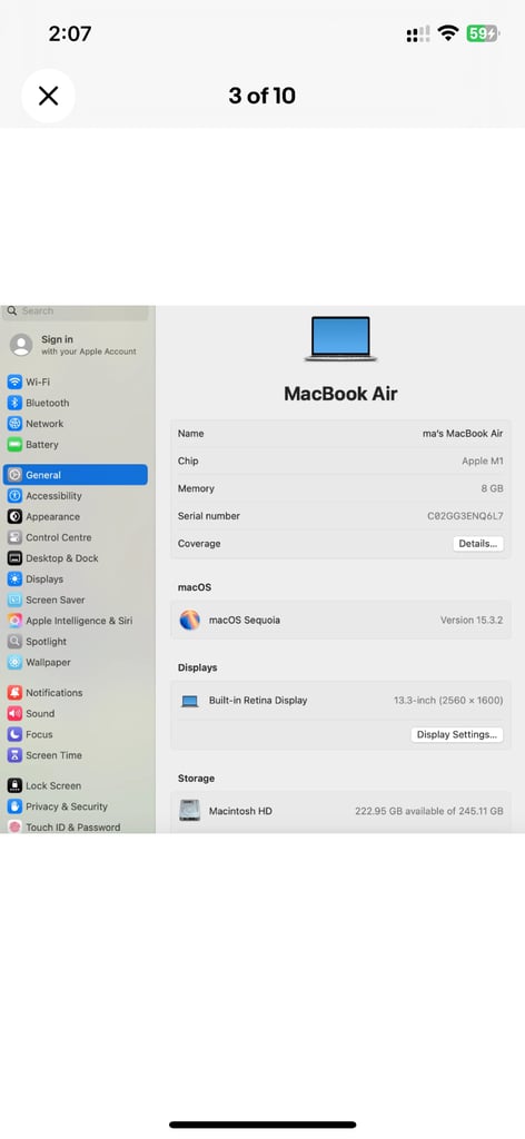 MacBook Air M1 2020, 8Gb, 256GB, cycle count 166, battery 97%, only serious buyers contact please 