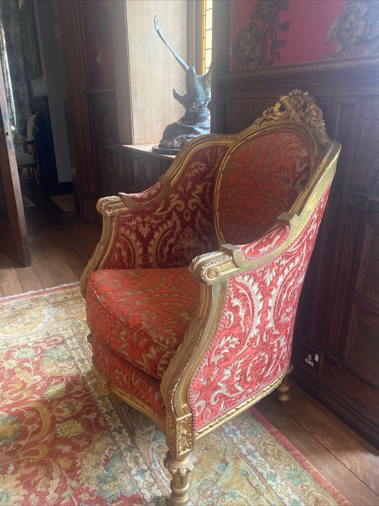 Pair of red gold French Louis XV luxurious armchairs 