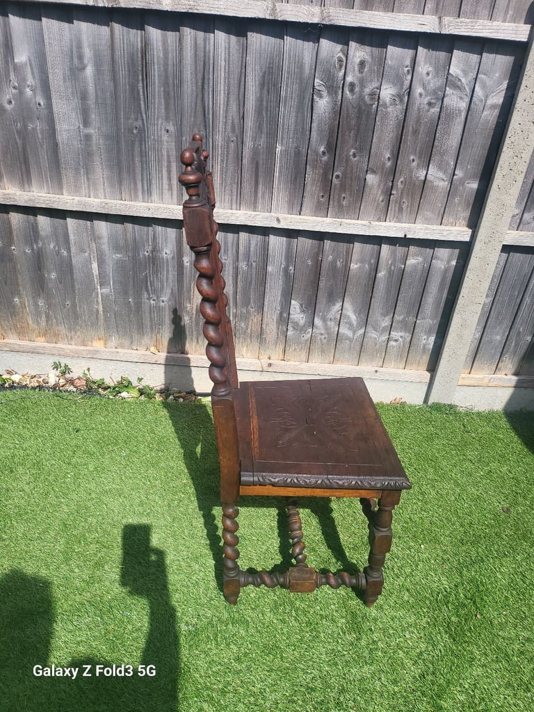 Antique Victorian High Back Heavily Carved Barley Twist Oak Chair Furniture