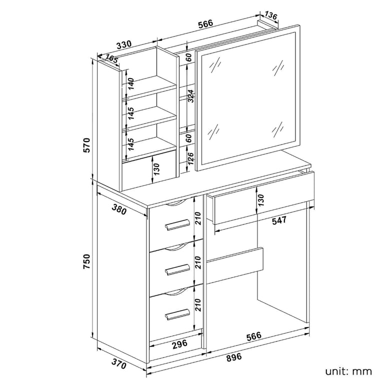 New White 5 Drawers Makeup Desk + Sliding Mirror and Stool RRP £220 Our Price £145