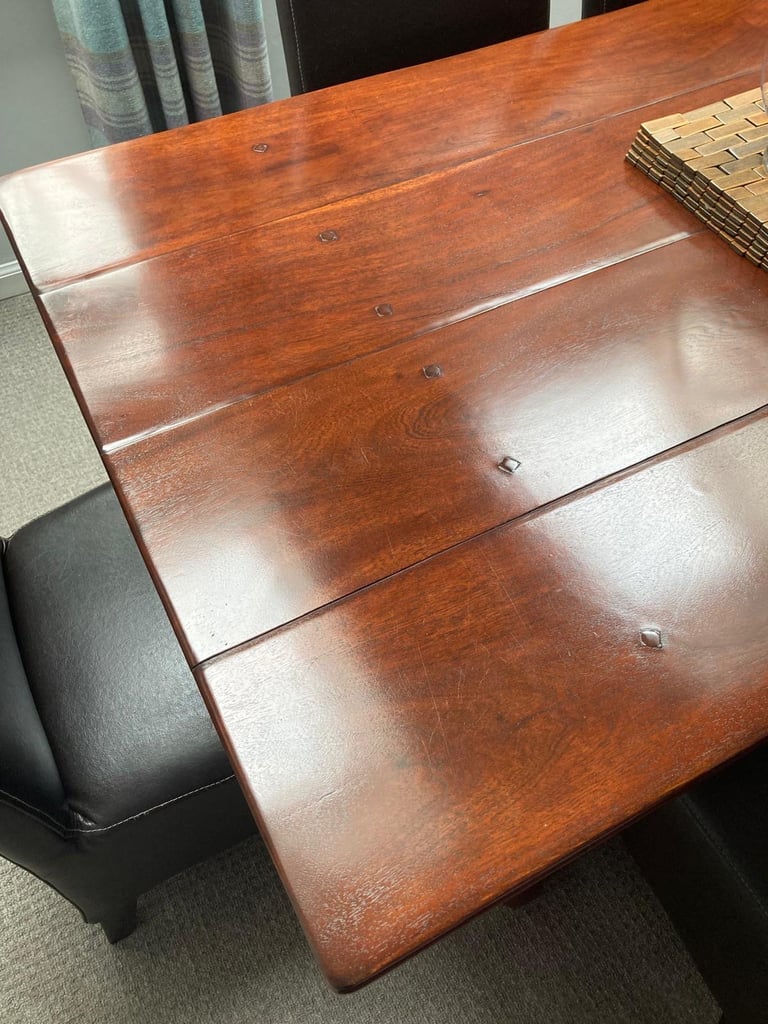Solid Walnut Dining Table & 6 Real Leather Chairs