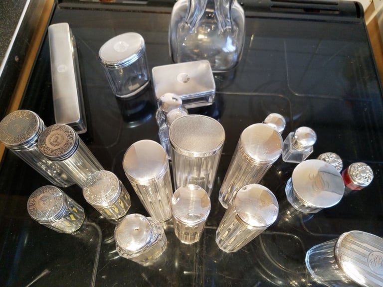 Antique Vanity Jars With Sterling Silver Lids.