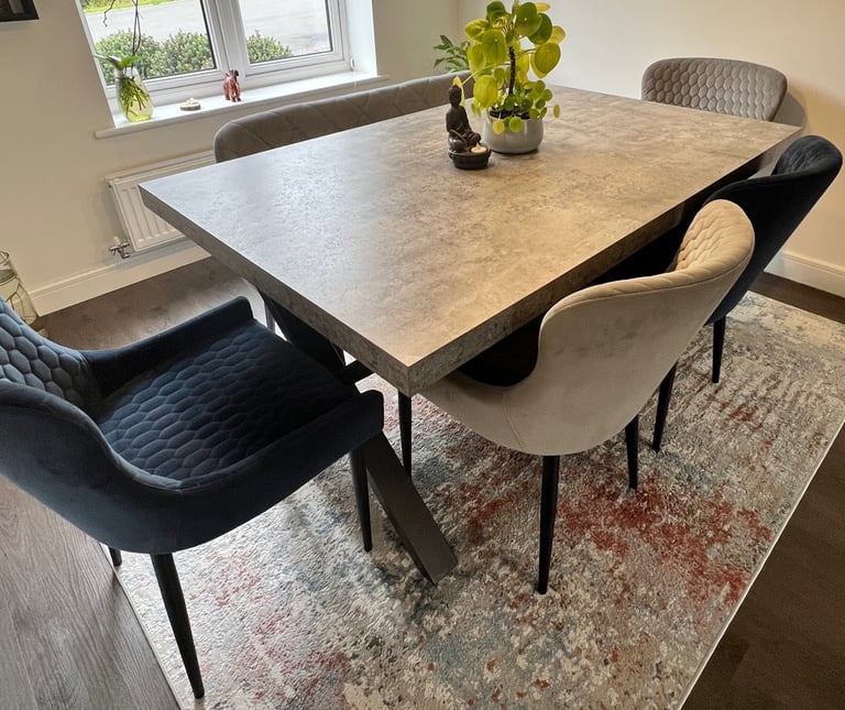 image for Modern Concrete Effect 6 Seater Dining Table Set + Velvet Chairs & Bench £540 Nuneaton