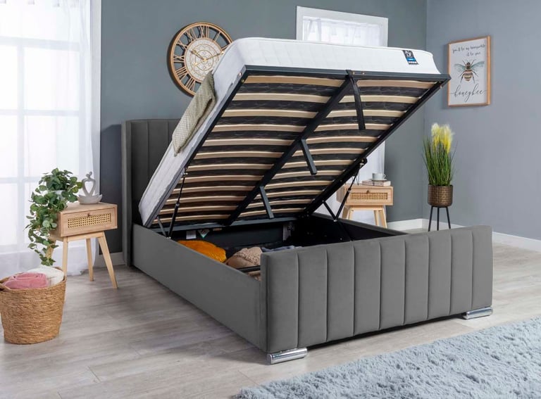 NEW OTTOMAN PANEL WING PLUSH VELVET UPHOLSTERED BED FRAME DOUBLE & KING SIZE