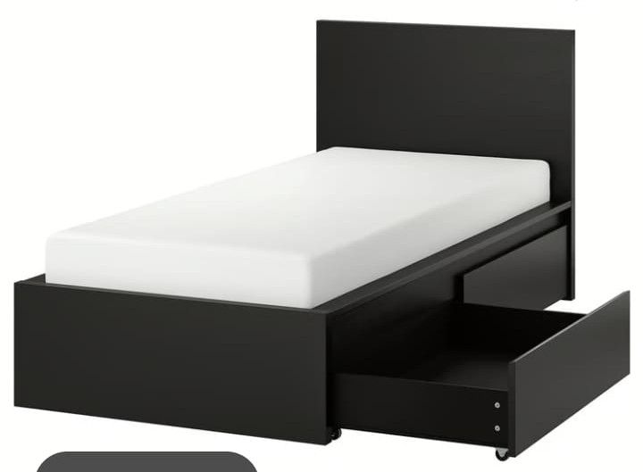 image for IKEA Malm Bed frame with 2 storage drawers, black-brown/Luroy, standard single