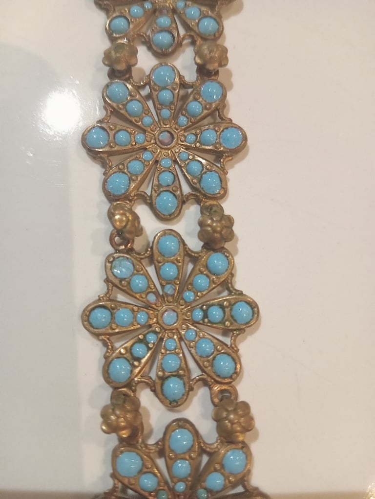 image for Small vintage bracelet flower brass turquoise Indian Jewellery