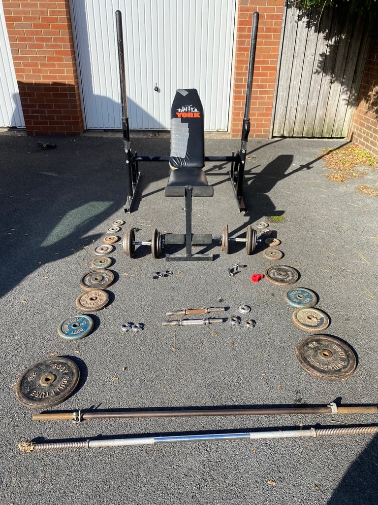 Squat rack, Bench, Barbell. dumbbells, plates