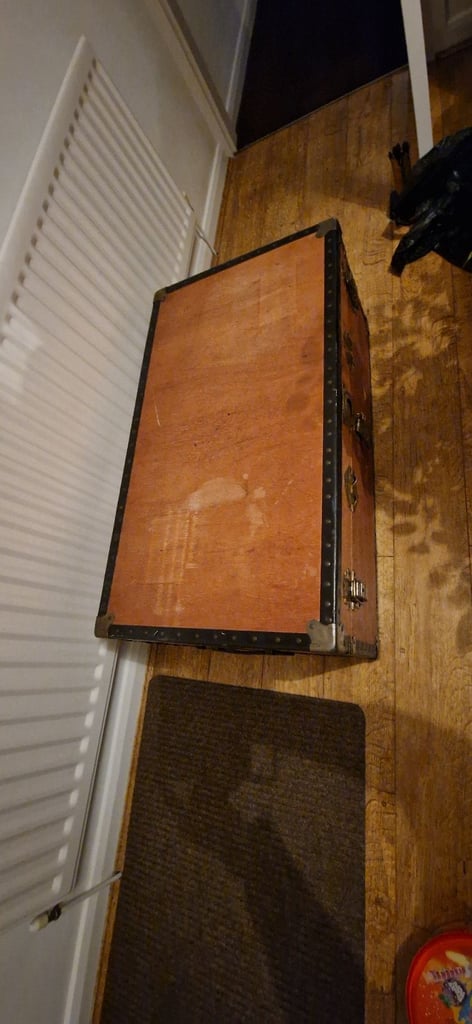 Large Chest / Overpond Trunk 1940s wood Metal Storage / Coffee Table 36"