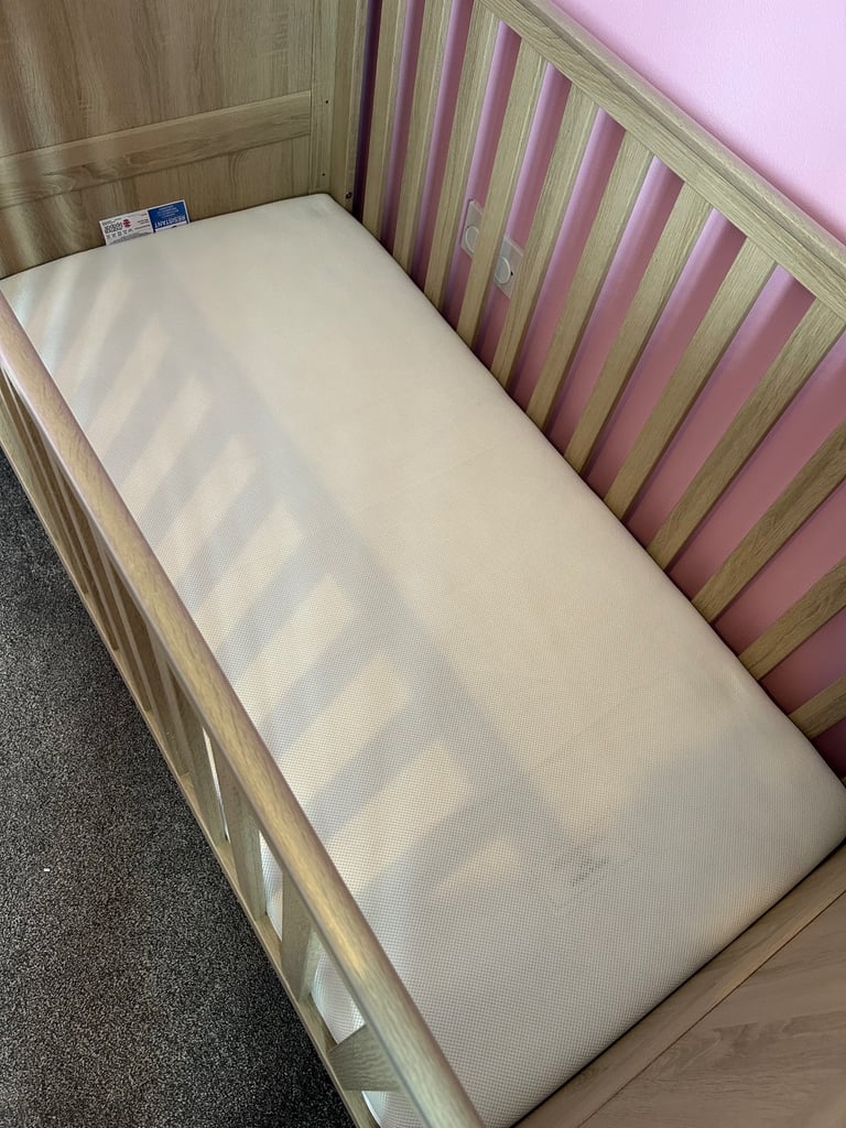 Nursery furniture cot bed wardrobe drawers with changing table and book shelf 