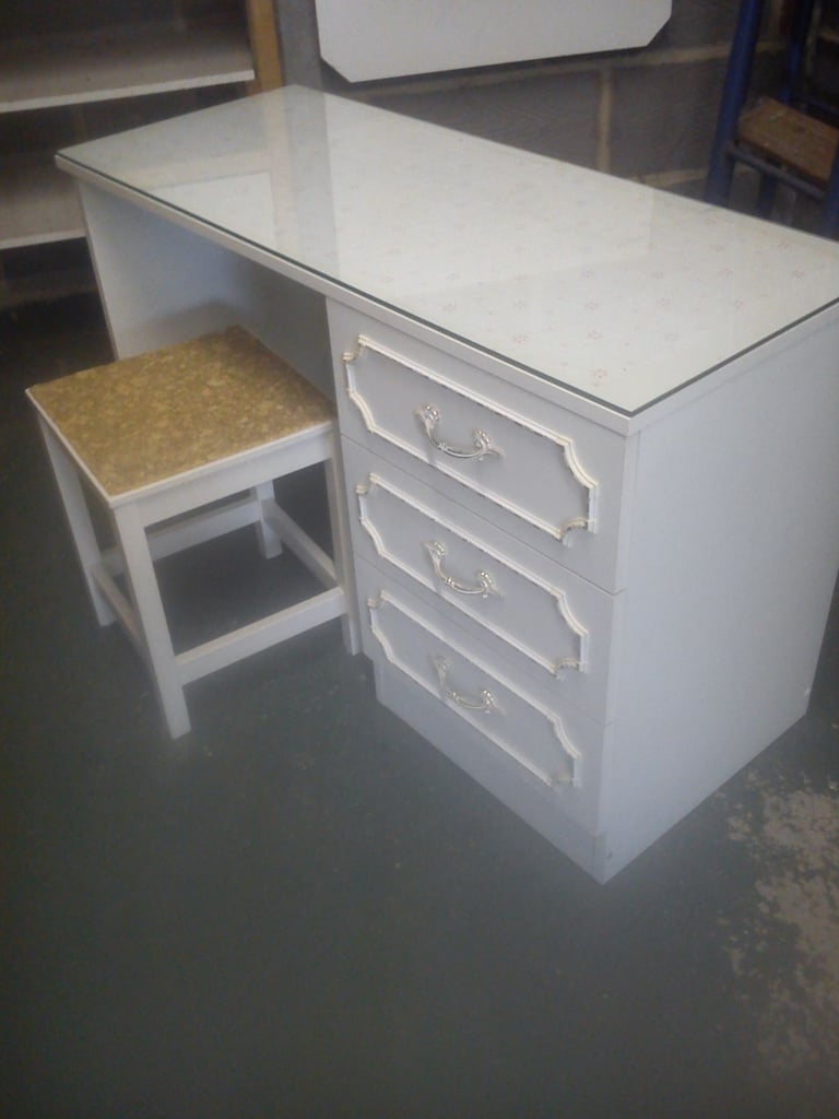 image for Vintage dressing table and stool with glass top.