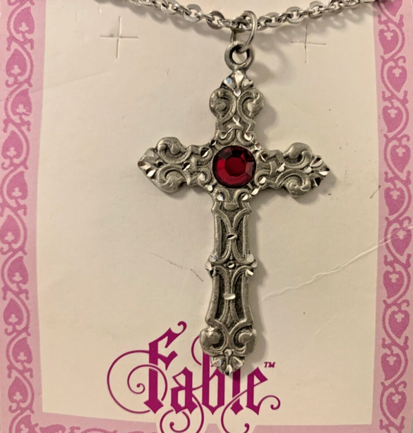 image for Rare Silver & Pewter diamond cut cross with red stone necklace